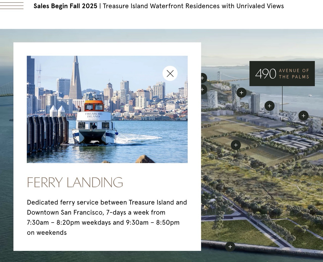 Screenshot of https://www.490palmssf.com/ showing rendering of future development on Treasure Island with ferry service highlighted